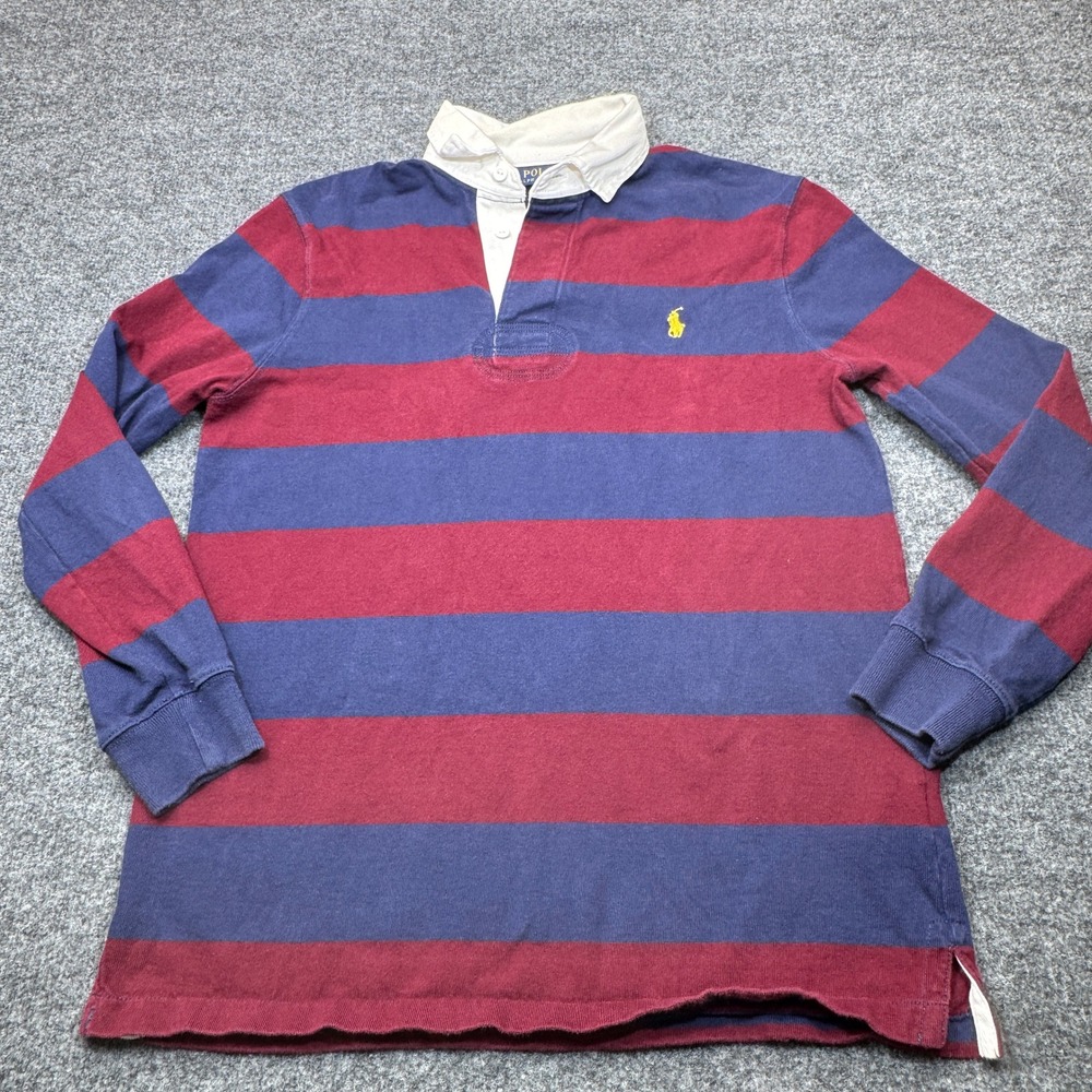 Polo Ralph Lauren Iconic Rugby Mens Medium Burgundy Blue Striped Long Sleeve